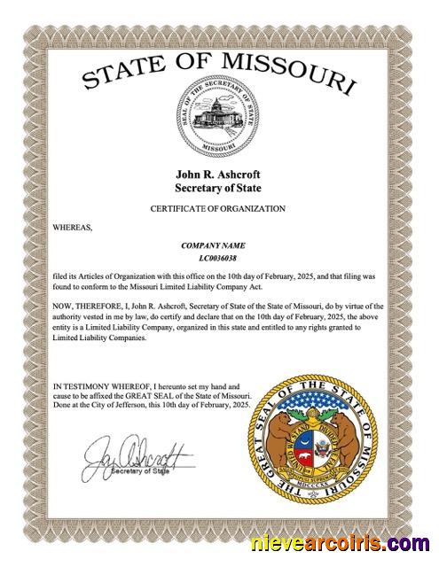 USA Missouri certificate of organization